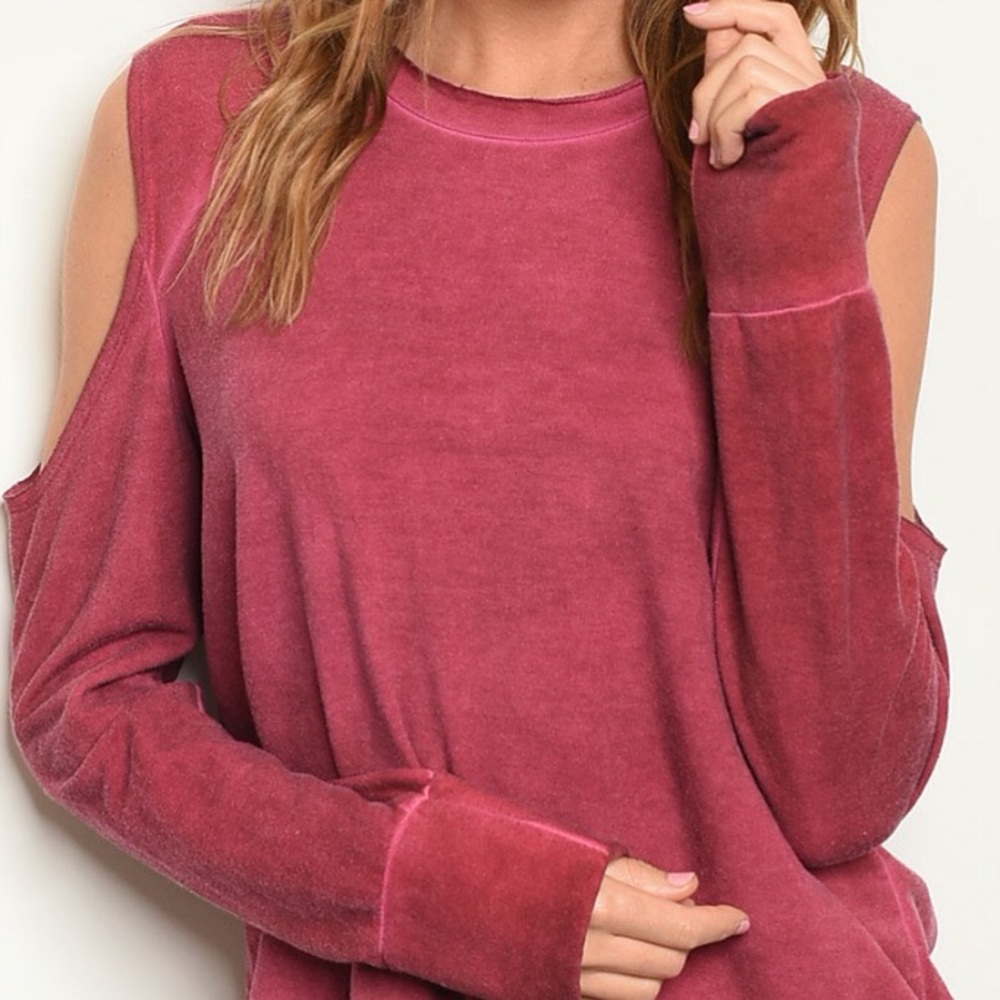 ❌DONATED❌Berry Burgundy Wash Cold Shoulder Long Sleeve Sweat Top - Picture 2 of 9